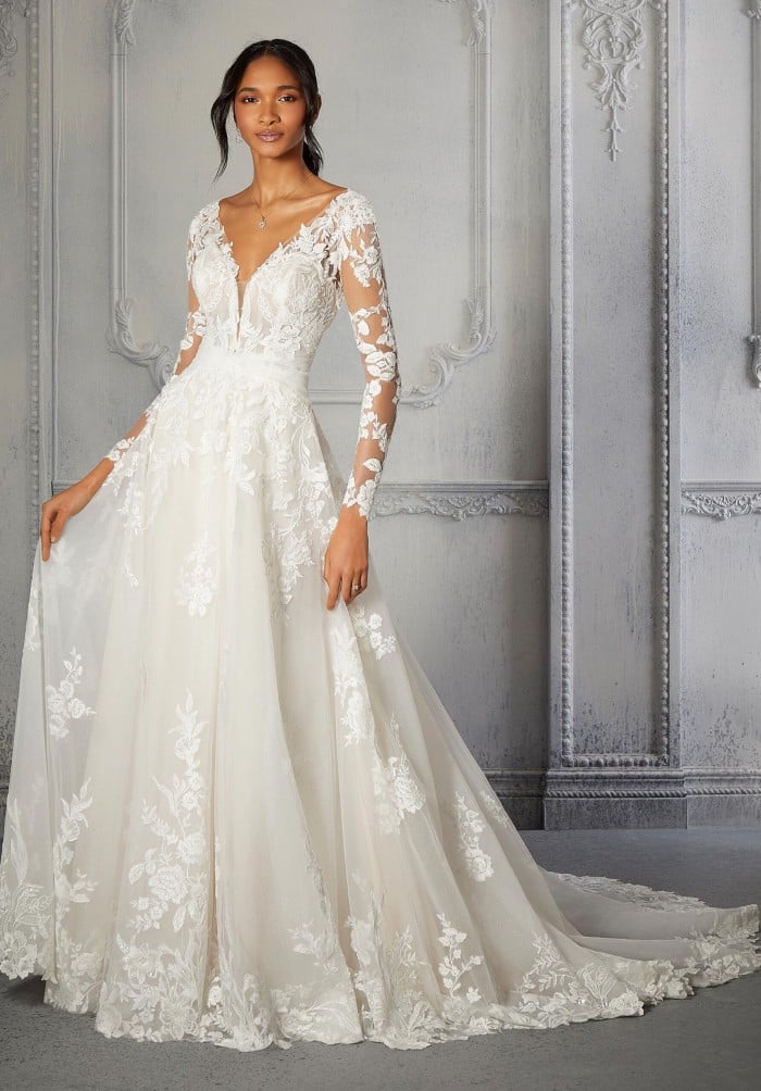 A Line Long Sleeves Ivory Lace Satin Wedding Dresses – MyChicDress