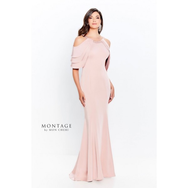 Montage by Mon Cheri Style 120906  | Cold shoulder with tiered sleeves crepe gown