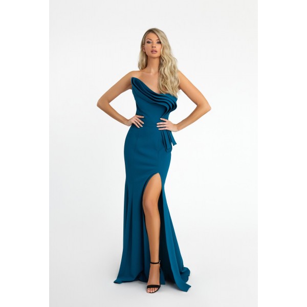 Nicole Bakti 685 | Strapless Swirling Pebble Crepe Draped Gown with side slit