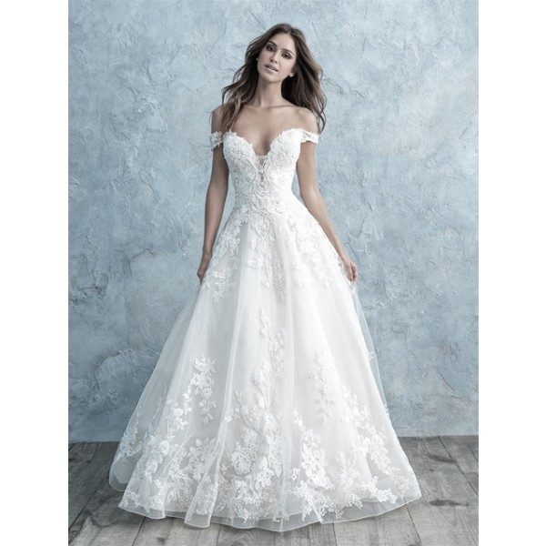Off-the-shoulder ballgown with lace appliques