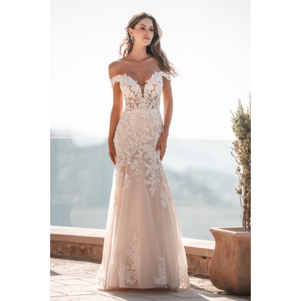 Allure Bridal 1202 | The soft sheen of pearl beading pairs beautifully with the floral lace and sparkling tulle of this romantic, off-shoulder gown.