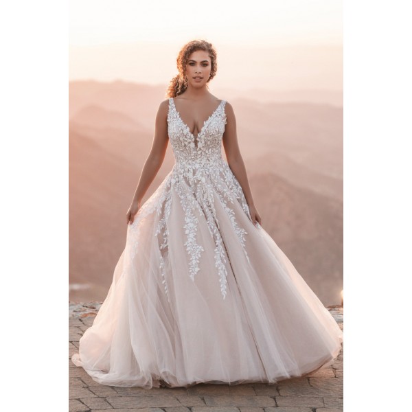 Allure Bridal 1203 | Leaves composed of beading and sequined lace trail down the bodice and full tulle skirt of this sleeveless bridal ballgown.