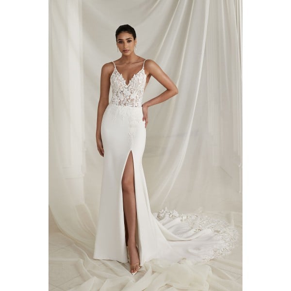 Justin Alexander | Everley 88256 | Lace and Crepe Fit and Flare Wedding Dress with Slit