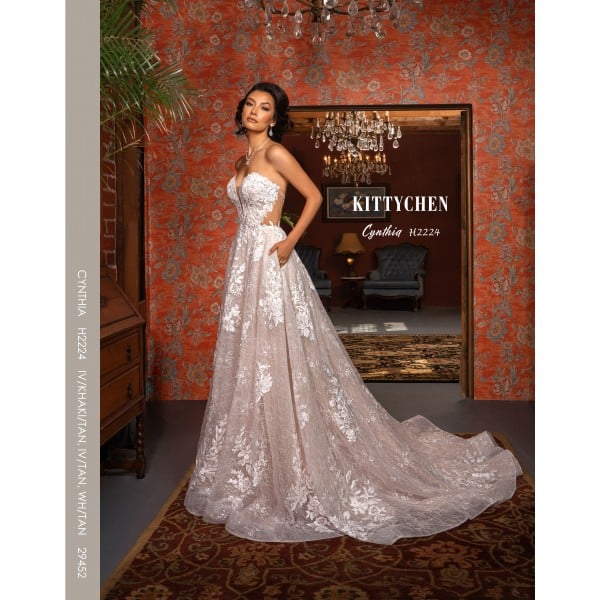 Kitty Chen Bridal Cynthia H2224 | Strapless Deep V Bodice  | Delicate Lace Detail | Side Cutout | Wedding Dress