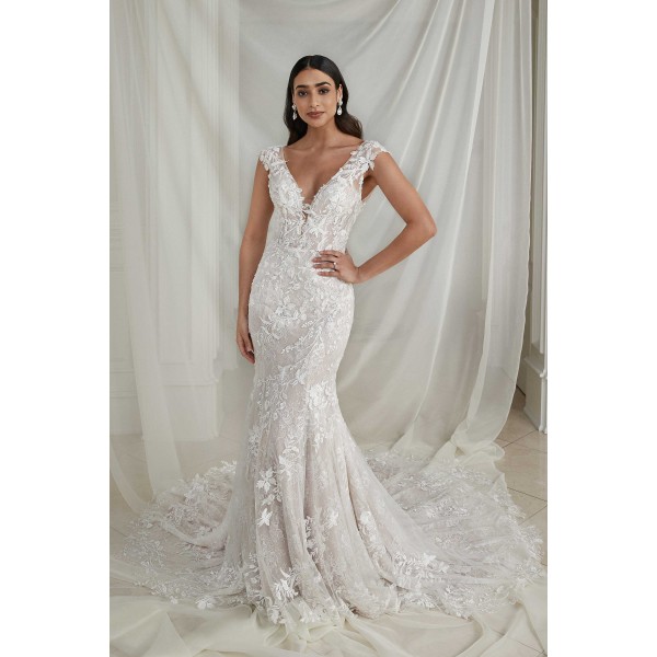 Justin Alexander | Ember 88275 | Beaded Crepe Fit & Flare Wedding Gown | Detachable Straps