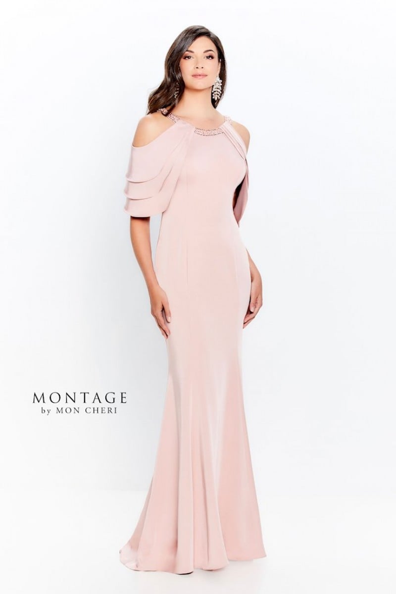 Montage by Mon Cheri Style 120906  | Cold shoulder with tiered sleeves crepe gown