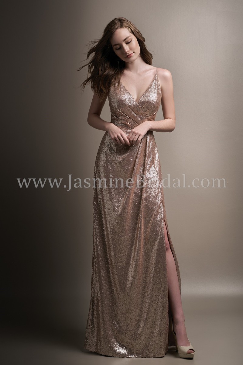 Belsoie Style 194008 | Long V-neck Sequin Bridesmaid Dress Side Slit