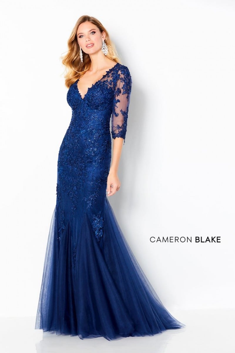Cameron Blake 220644 | Three Quarter Sleeve Embroidered Tulle & Allover Lace Fit & Flare | Mother of