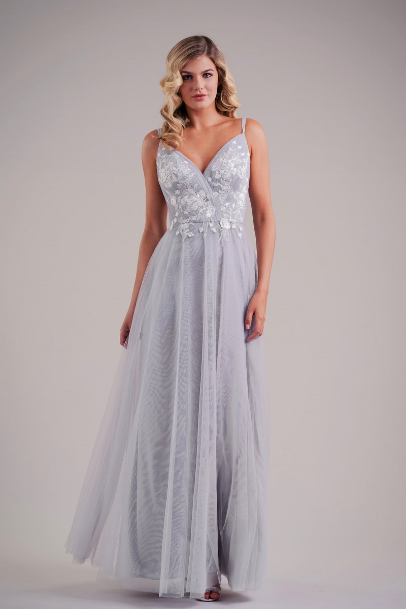 Belsoie by Jasmine Style 224002 | Lace Appliqué and Soft Tulle V Neck Bridesmaid Dress
