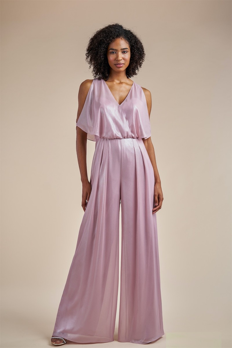 Belsoie by Jasmine Style 224053 | V Neck Metallic Chiffon Jumpsuit | Cold Shoulder Sleeves | Pleated Pants