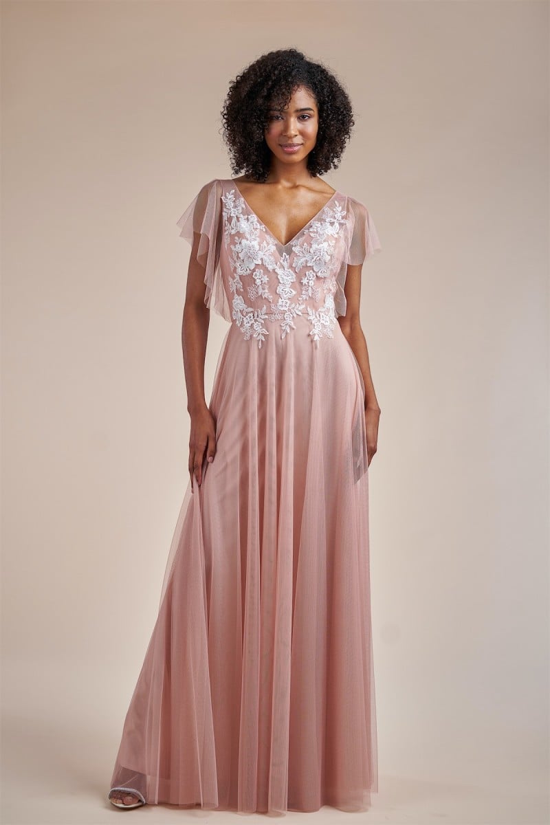 Belsoie by Jasmine Style 224055 | Soft Tulle V neck Long Bridesmaid Dress | Lace Appliqués | Flutter Sleeves