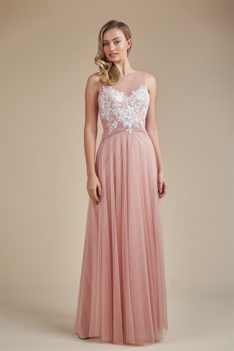 Belsoie by Jasmine Style 224058 | Soft Tulle Bridesmaid Dress | Bateau Neckline | Lace Appliqués