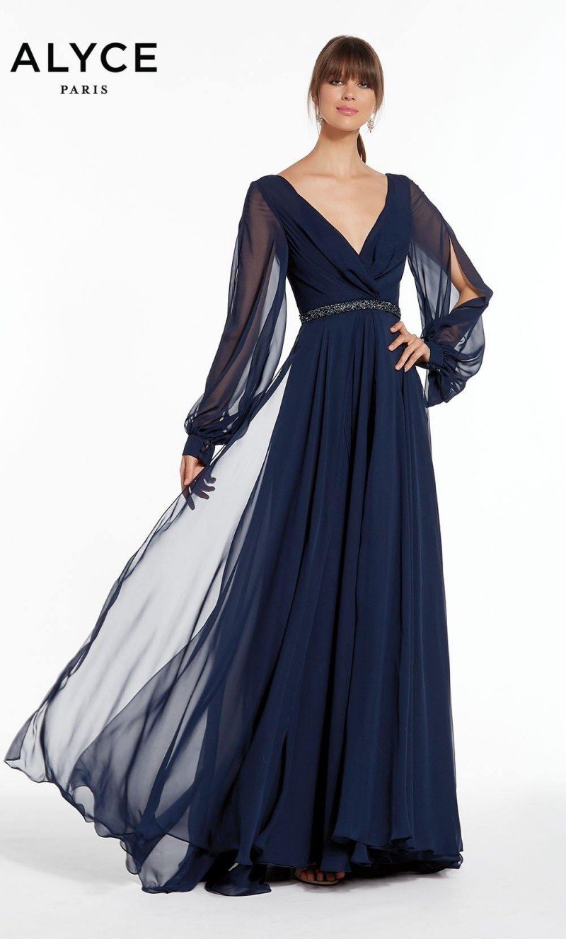 Alyce Designs 27295 | Long Sleeve | Chiffon V-Neck Flowy | Evening Gown