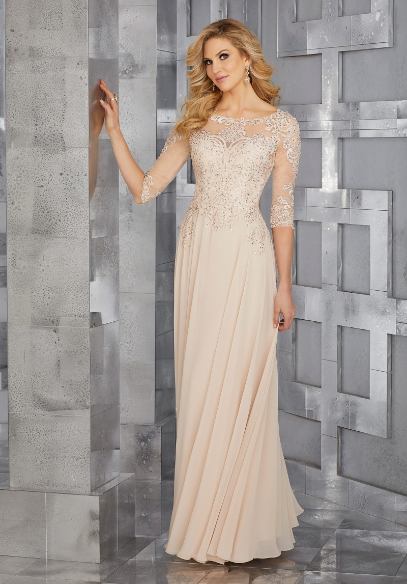 MGNY Collection by Mori Lee Style 71622 | Chiffon Mother of the Occasion Gown | Beaded Bodice | 3/4 Illusion Sleeves