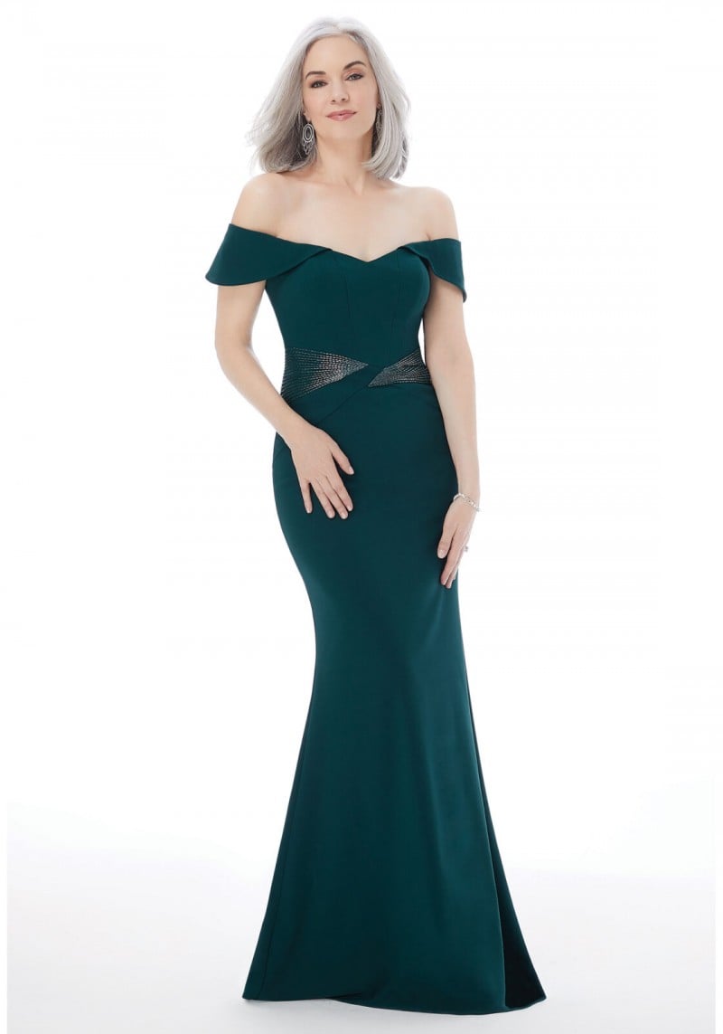 Full Length Sheath Evening Gown with Beading on Crepe