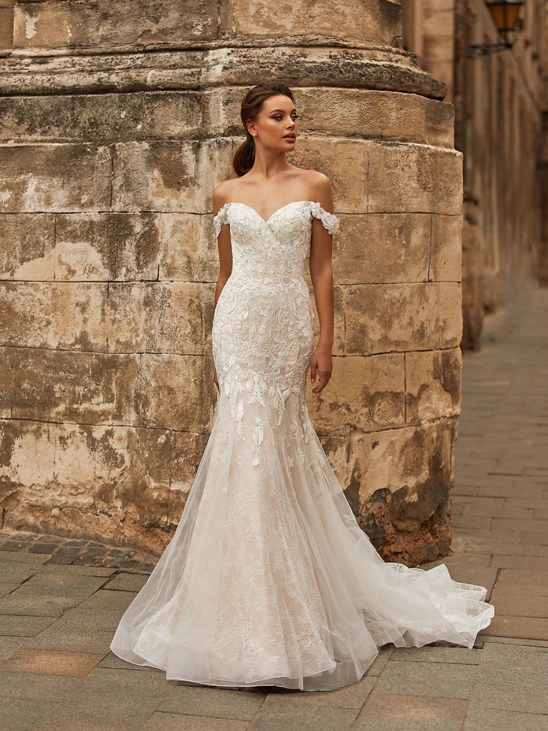 Moonlight Bridal | J6813 | Off-the-shoulder wedding gown