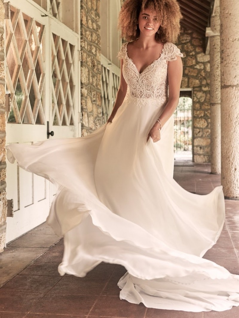 Maggie Sottero | June | 21MT378 | Cap-sleeve chiffon bridal gown with a sweetheart neckline