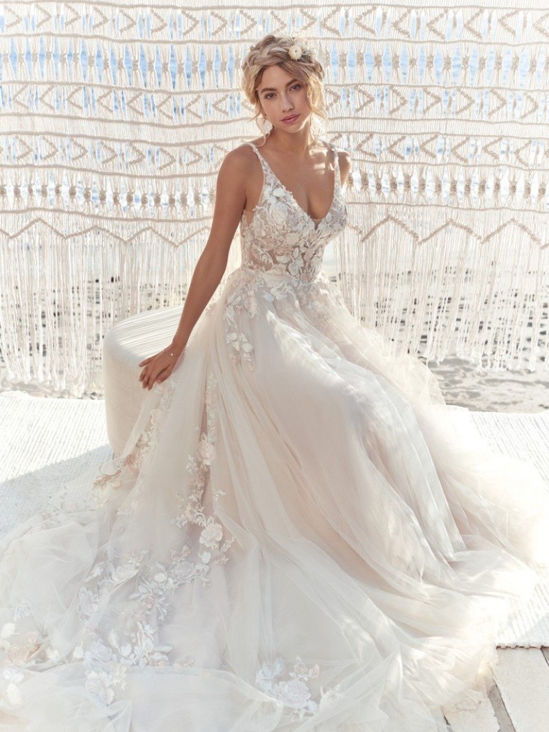 Rebecca Ingram 20RT721 | Magical V-neck lace A-line wedding dress in textured illusion motifs