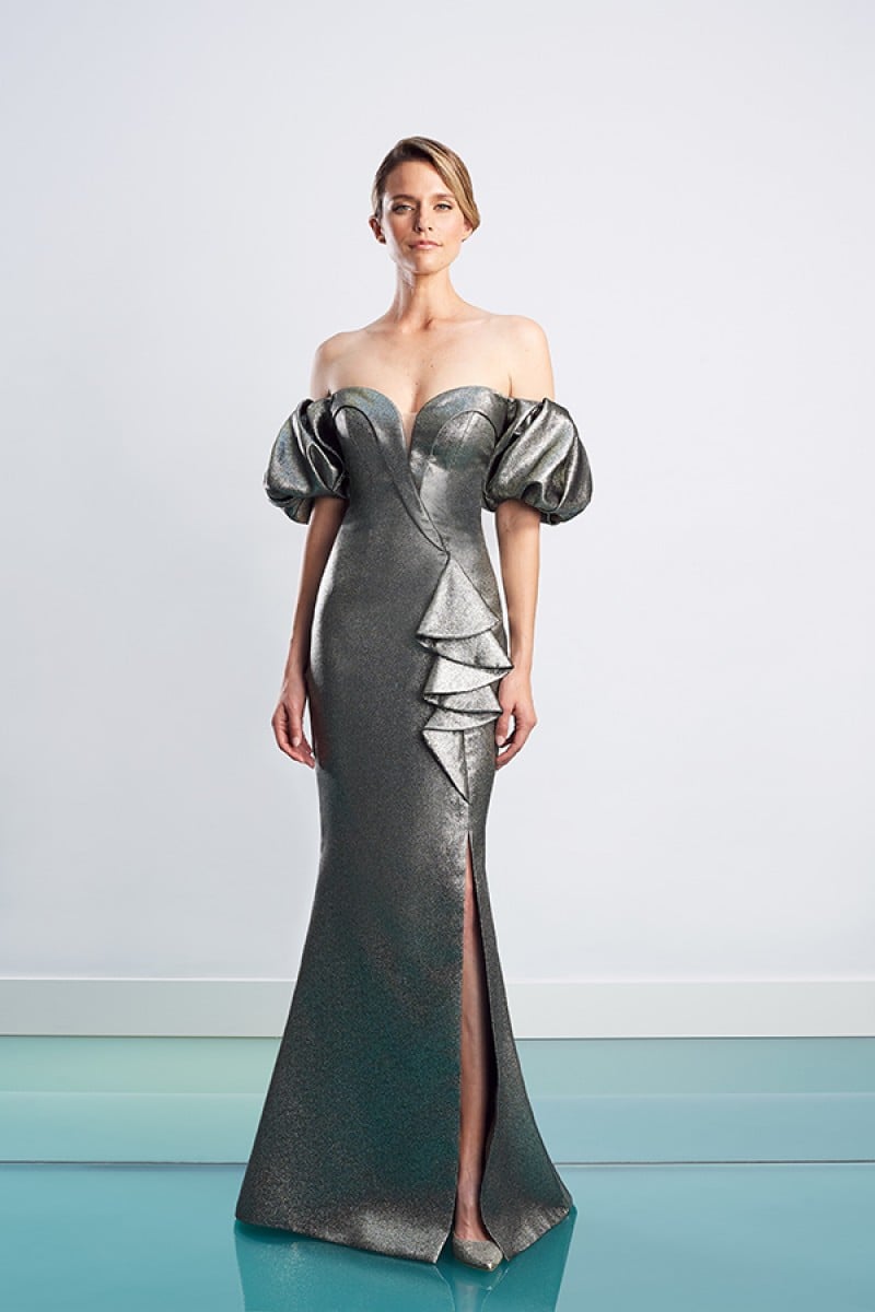 Daymor Couture | Style 1473 | Off Shoulder Draped Bustier W/Puff Sleeves & Side Slit Evening Gown