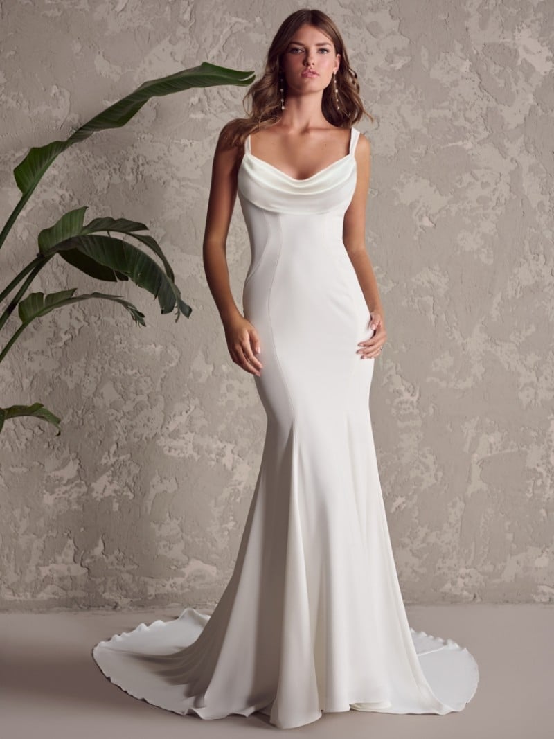 Maggie Sottero Bridal | Napa Marie | 24MS259A11 | Grecian-Inspired Crepe Cowl Neckline Wedding Dress With Plunging V-Back