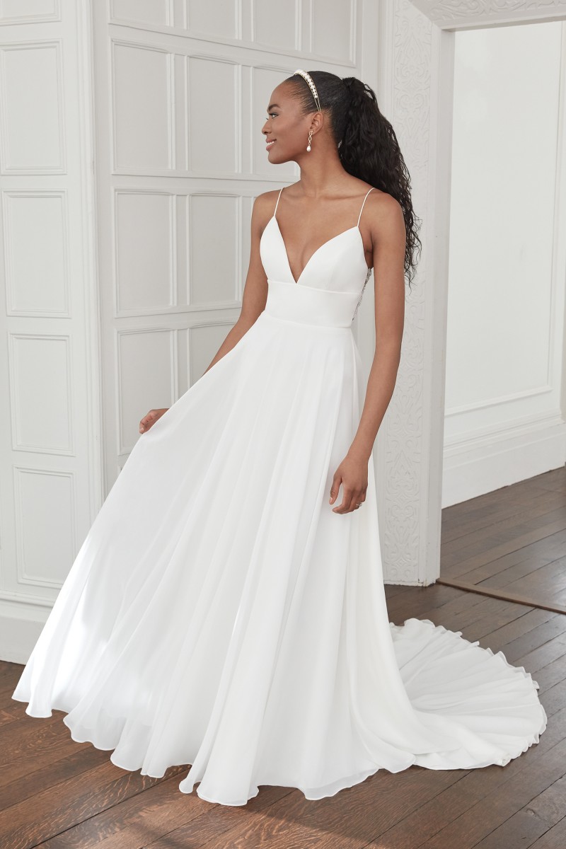 Sincerity Bridal Style 44356 | Chiffon A-Line Gown | Bikini Neckline | Beaded Back