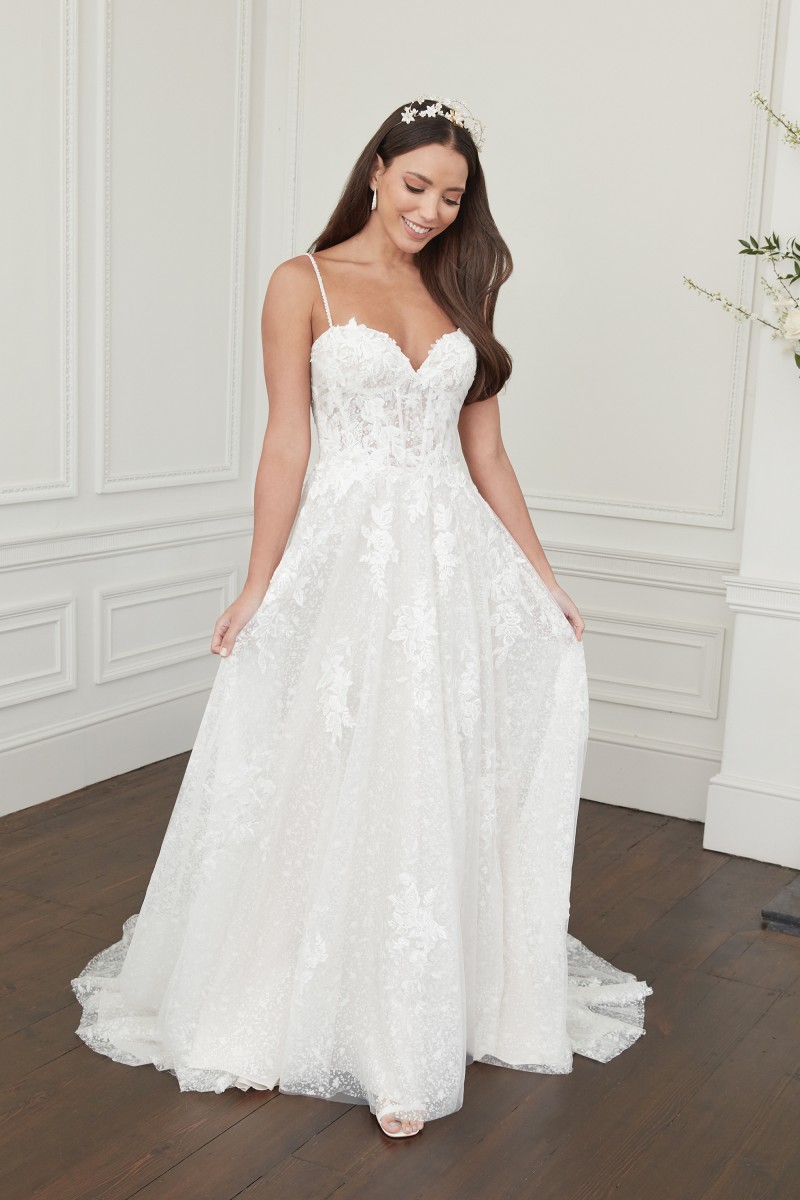 Sincerity Bridal Style 44363 | Glitter Tulle A-Line Gown with Beaded Spaghetti Straps