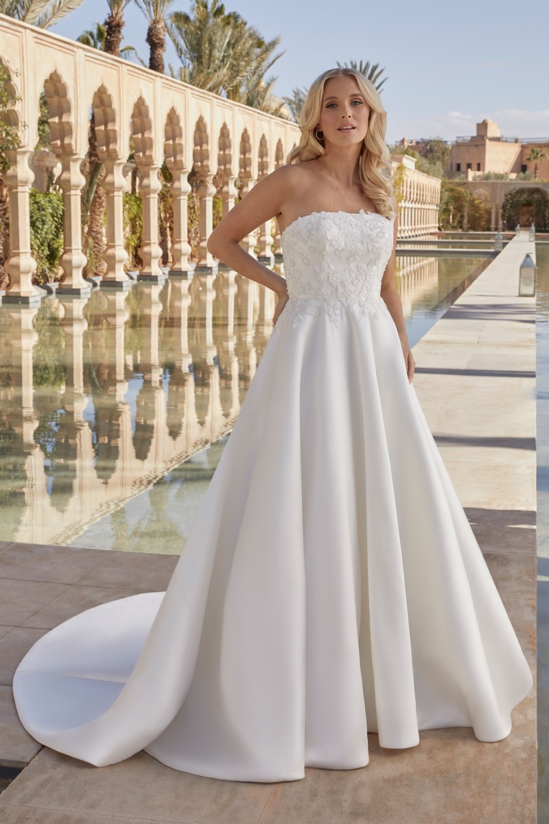 Sincerity Bridal Style 44421 | Crepe fit & flare with plunging V-neckline, modest V-back, inset waistband
