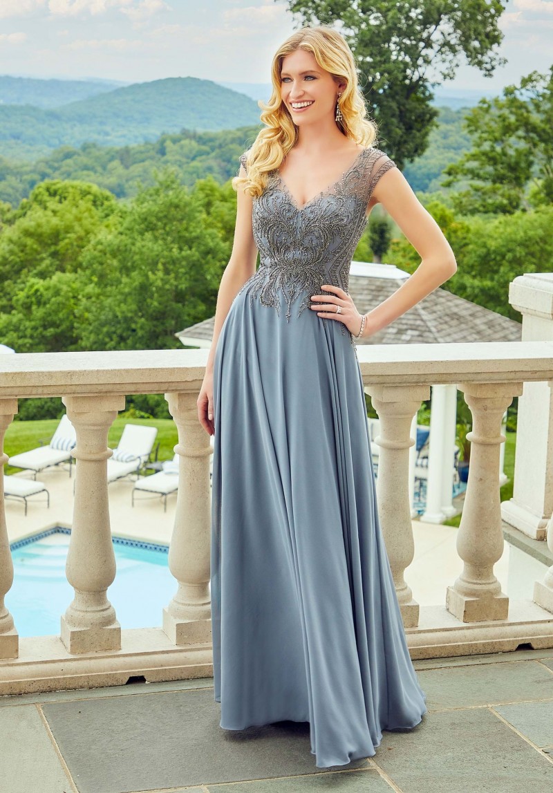 MGNY by Morilee | Style 72521 | Luxe evening dress features a deep V-neck bodice