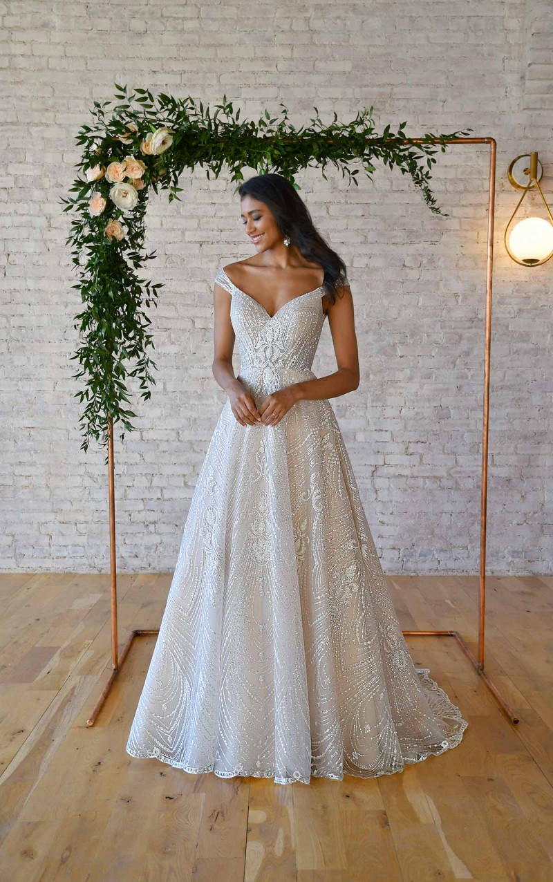 Stella York by Essence of Australia | Style 7336 |  Off Shoulder | Embossed Glimmer Tulle Wedding Dress