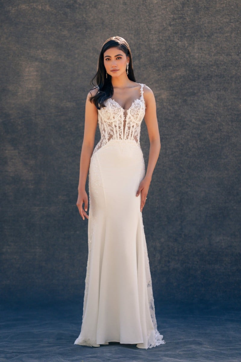 Allure Couture Style C723 | High-contrast bead and pearl lace appliques provide the perfect contrast to this sleek, modern crepe sheath.
