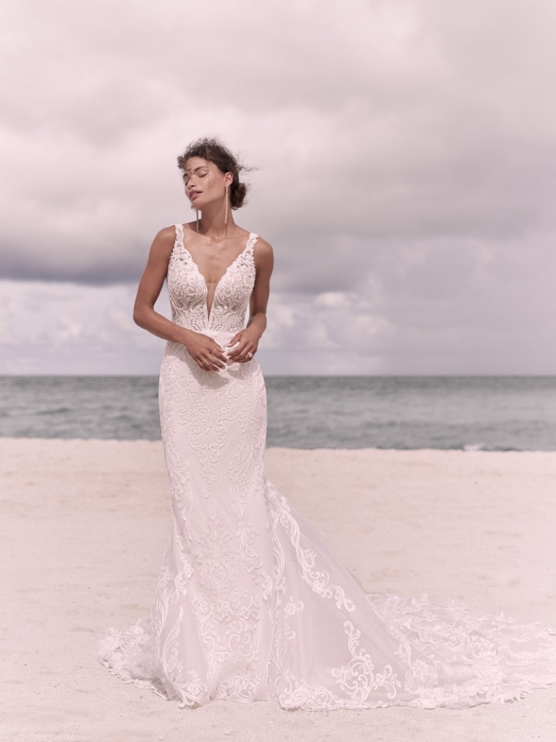 Maggie Sottero | Hamilton # 21SS355  (Gown Only) | Elegant lace sheath bridal dress for vintage-inspired charm