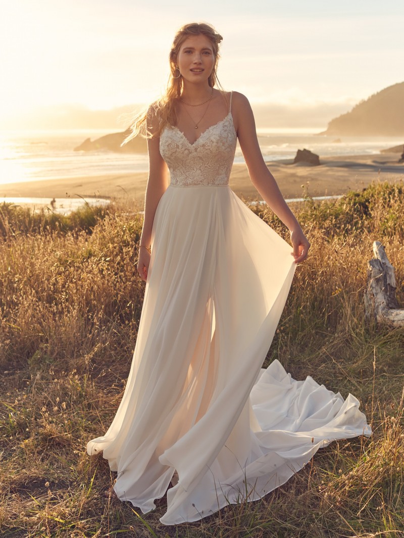 Rebecca Ingram Marta 22RS501 | Chiffon beach wedding dress with a soft lace bodice