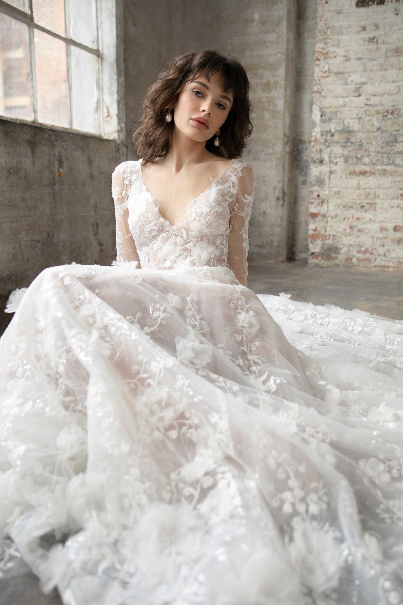 Justin Alexander | Rosie 99247 | Long sleeve tulle A-line with sheer bodice wedding gown
