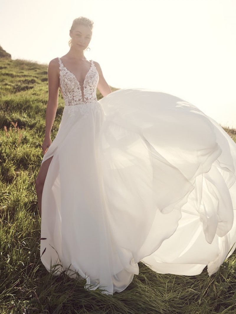 Rebecca Ingram Bridal | Tierney | Deep V-neck chiffon wedding dress with sexy details