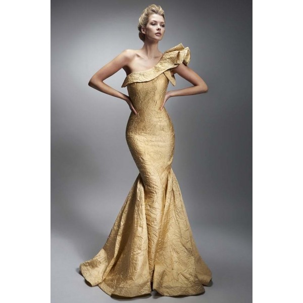 Nicole Bakti 6875 | One Shoulder Metallic Jacquard Gown