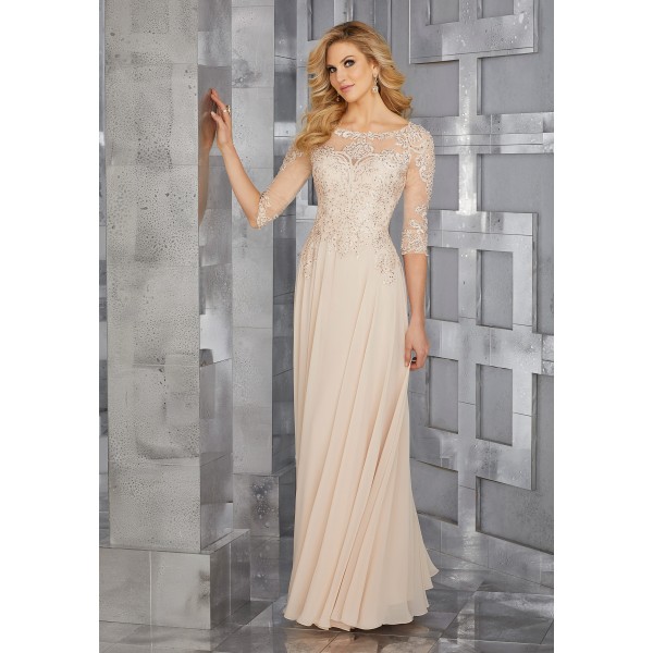 MGNY Collection by Mori Lee Style 71622 | Chiffon Mother of the Occasion Gown | Beaded Bodice | 3/4 Illusion Sleeves