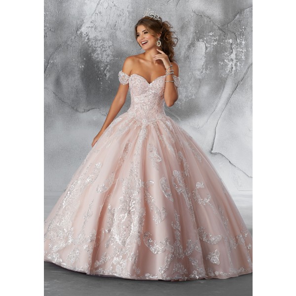 Quinceanera by Mori Lee 89186 | Patterned Sequins on a Tulle Ballgown with Detachable Sleeves