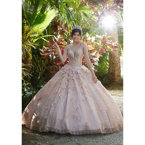 Quinceanera by Mori Lee 89297 | Glitter Net and Floral Applique Quinceañera Dress