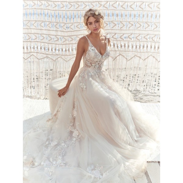 Rebecca Ingram 20RT721 | Magical V-neck lace A-line wedding dress in textured illusion motifs