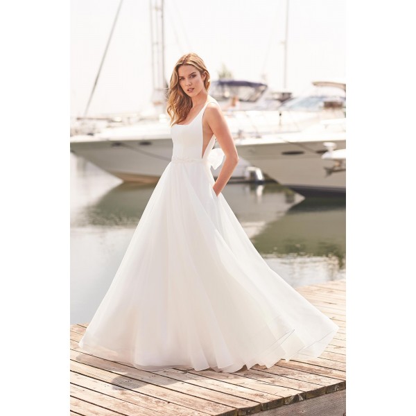 Mikaella Bridal 2383 | Sleeveless Crêpe bodice with square neckline and V-shaped Nude Italian Tulle side inserts