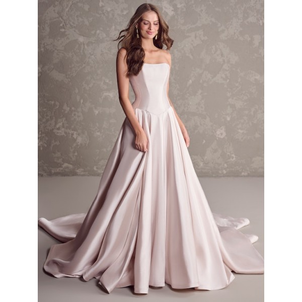 Maggie Sottero Bridal | Emmanuelle | 24MS178 | Yarn-Dyed Strapless Wedding Dress With Basque Waist And Straight Neckline