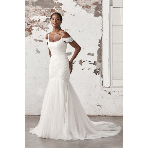 Sincerity Bridal Style 44396 | Ruched Tulle Trumpet Bridal Gown | Beaded Spaghetti Straps
