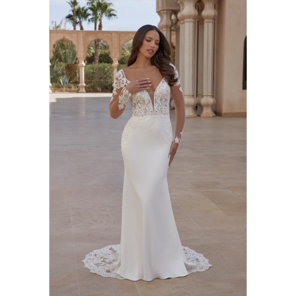 Sincerity Bridal Style 44418 | Stretch crepe fit & flare with plunging V-neck, long sleeves, illusion V-back.