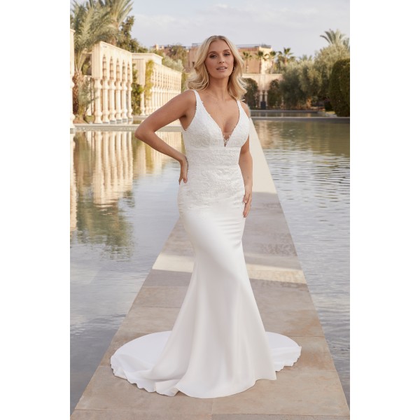 Sincerity Bridal Style 44420 | Crepe fit and flare with plunging V-neckline, modest V-back, and inset waistband
