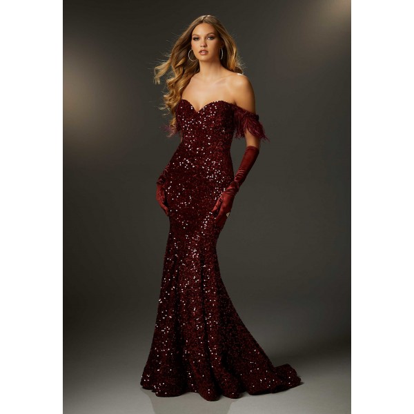 Morilee 48021 | Allover Sequin Velvet Prom Dress | Feather Sleeves