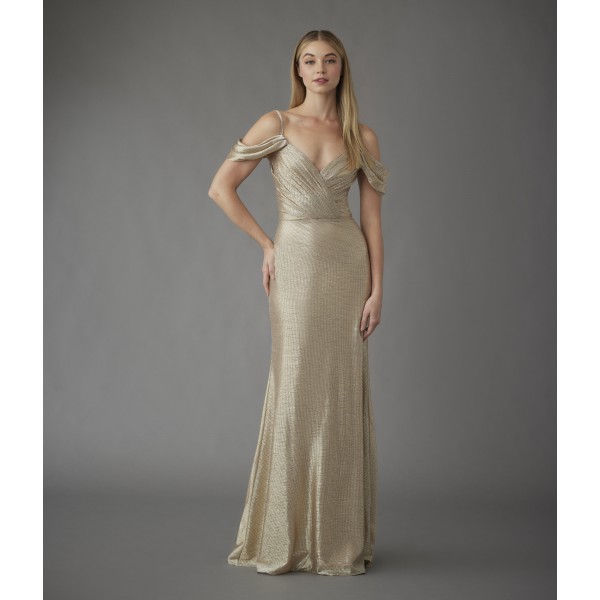 Hayley Paige Bridesmaids 52259 | Liquid metallic A-line Gown