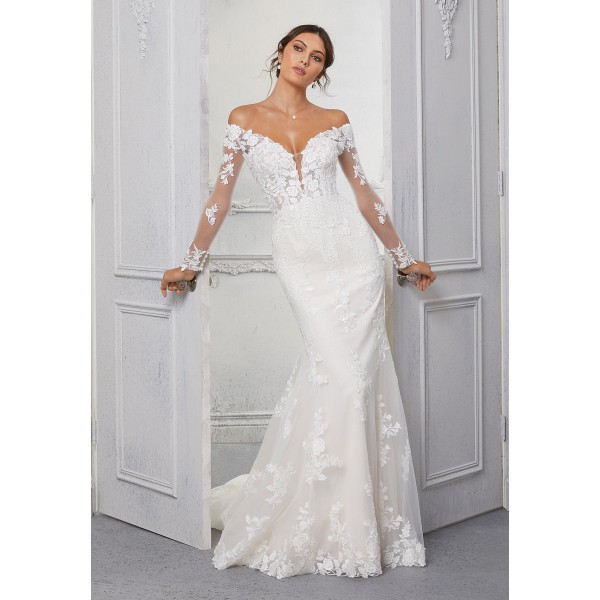 Blu Mori Lee Bridal Cindy Style 5924 | Long Sleeve | Off-the-shoulder Wedding dress