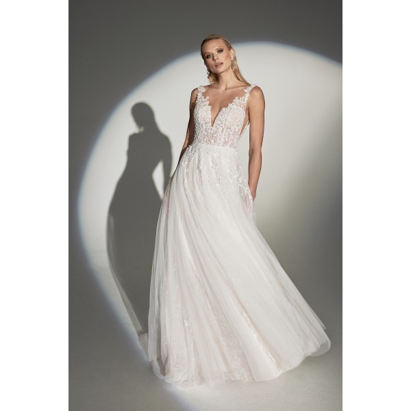 Justin Alexander Gussie 99245 | Plunging illusion Sabrina neckline paired with a low V-back for a modern and sexy twist