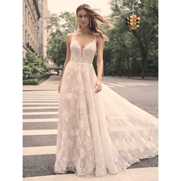 Maggie Sottero Keisha 23MB065 | Unique floral lace A-line bridal dress with V-neck