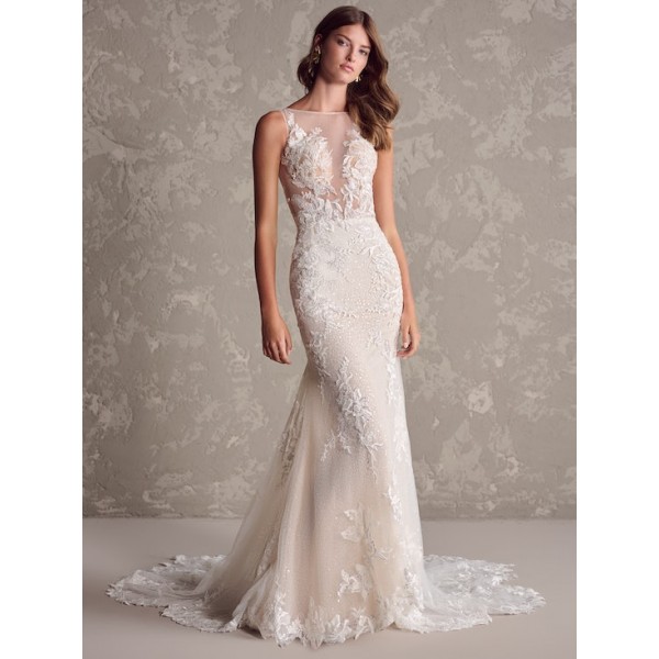 Maggie Sottero Bridal | Lindsey Lane | 24MN244 | Sexy Illusion Halter Neck Bridal Dress With Plunging Neckline And Beaded Lace Accents